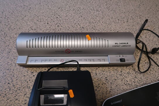 3 stk. lamineringsmaskiner ML-340HLR, BNT OFFICE F9011, Q-CONNECT samt lommeregner