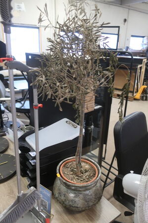 Stol, bord, blæser, spande og indhold på bord