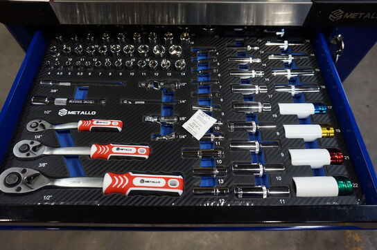 Metallo Værktøjsvogn XXL med værktøj og 7 skuffer og skab 