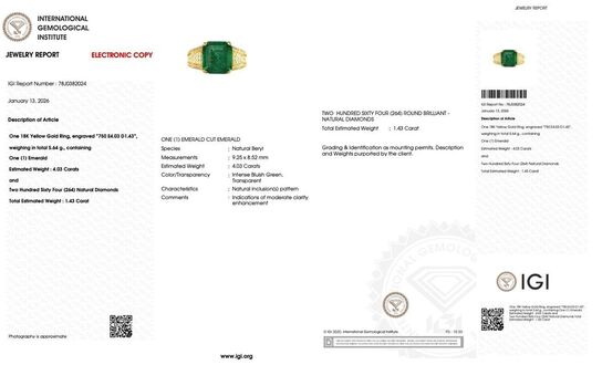 5,46 ct. meget fin smaragd og diamantring i 18 kt. gulguld. IGI.