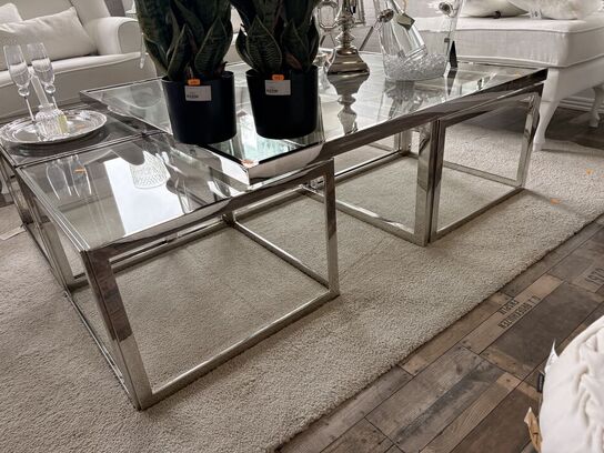 Glas sofabord m. 4 små borde 120x120x45 cm