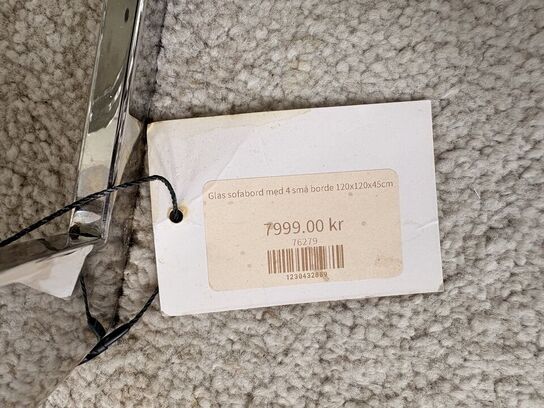 Glas sofabord m. 4 små borde 120x120x45 cm