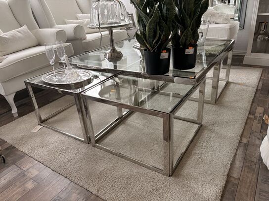Glas sofabord m. 4 små borde 120x120x45 cm