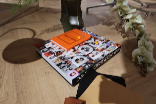 Vase med kunstige blomster samt 2 stk. bøger