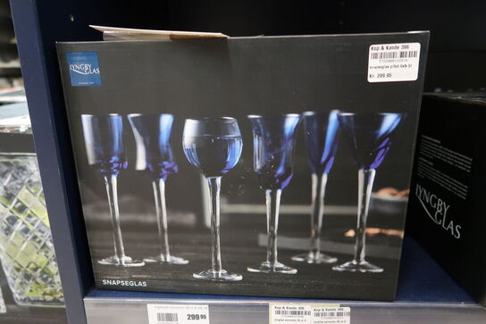 6 stk. Lyngby Glas Snapseglas på fod, blå
