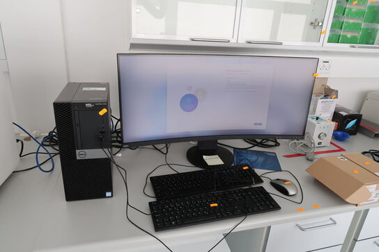 Computerskærm NEC MultiSync EX341R, computer DELL OptiPlex XE3, tastatur, mus m.m.