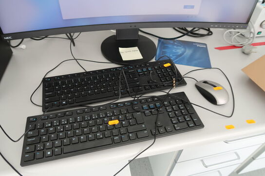 Computerskærm NEC MultiSync EX341R, computer DELL OptiPlex XE3, tastatur, mus m.m.