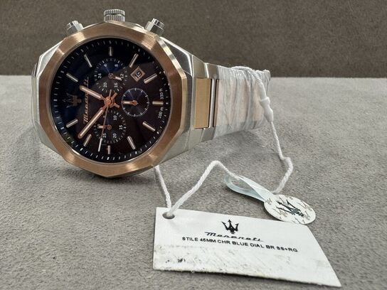 Armbåndsur MASERATI STILE 45 MM CHR BLUE DIAL BR SS+RG
