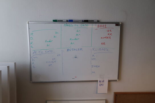 Kantinebord med 6 stole + skrive, tavler, kontorkassette & kontorstol