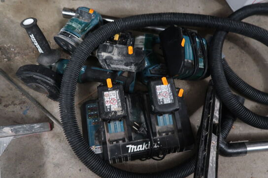 3 stk. akku håndværktøj MAKITA med dobbelt lader, 2 stk. batterier og lader